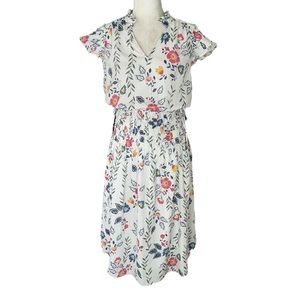 LN Anthro Current Air White Floral Shirred Ruffle Sleeve Midi Dress Shirtdress M